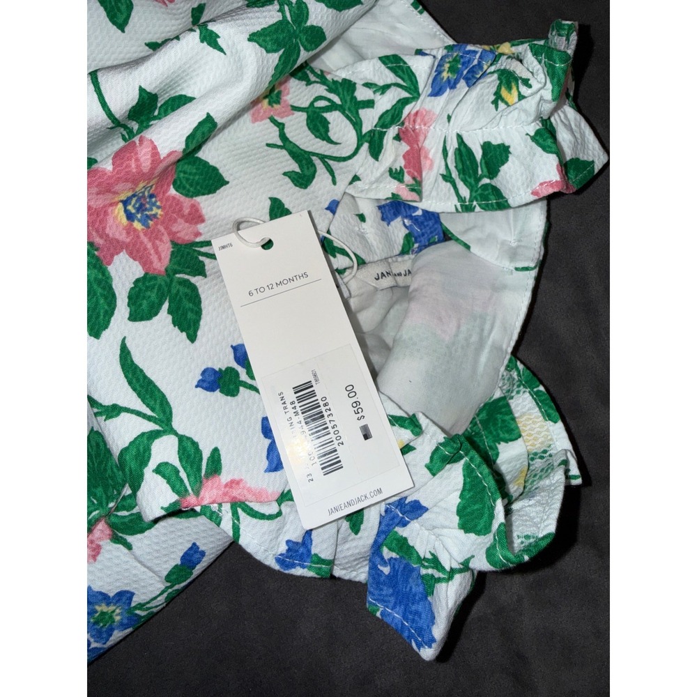 Janie and Jack Girls Floral Ruffle Romper Pique Cutout Back White Pink 6-12M NWT - Picture 2 of 4